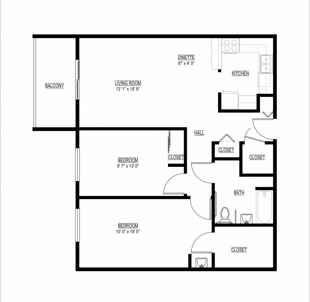Floor plan for 2 beds, 1 bath, 952 sqft